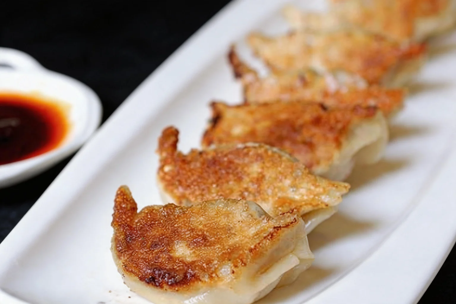 V5 Raviolis grillé sur un plat blanc, coupelle de sauce