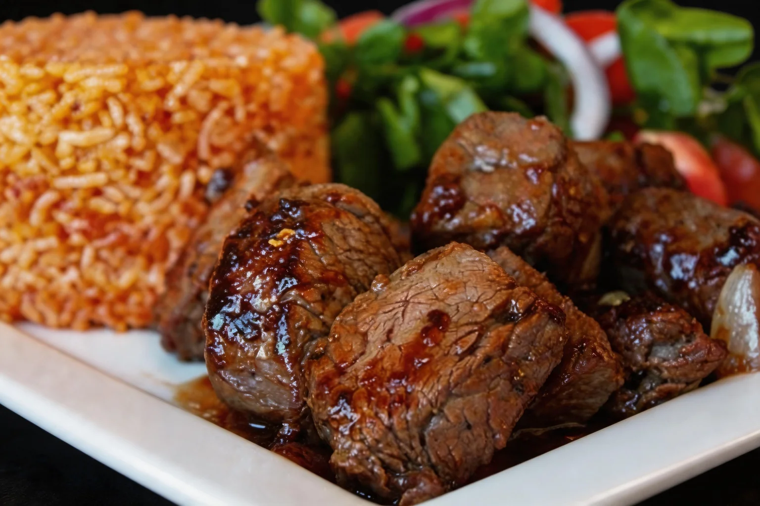 S4 Boeuf Lok-Lak, riz et salade sur une assiette blanche